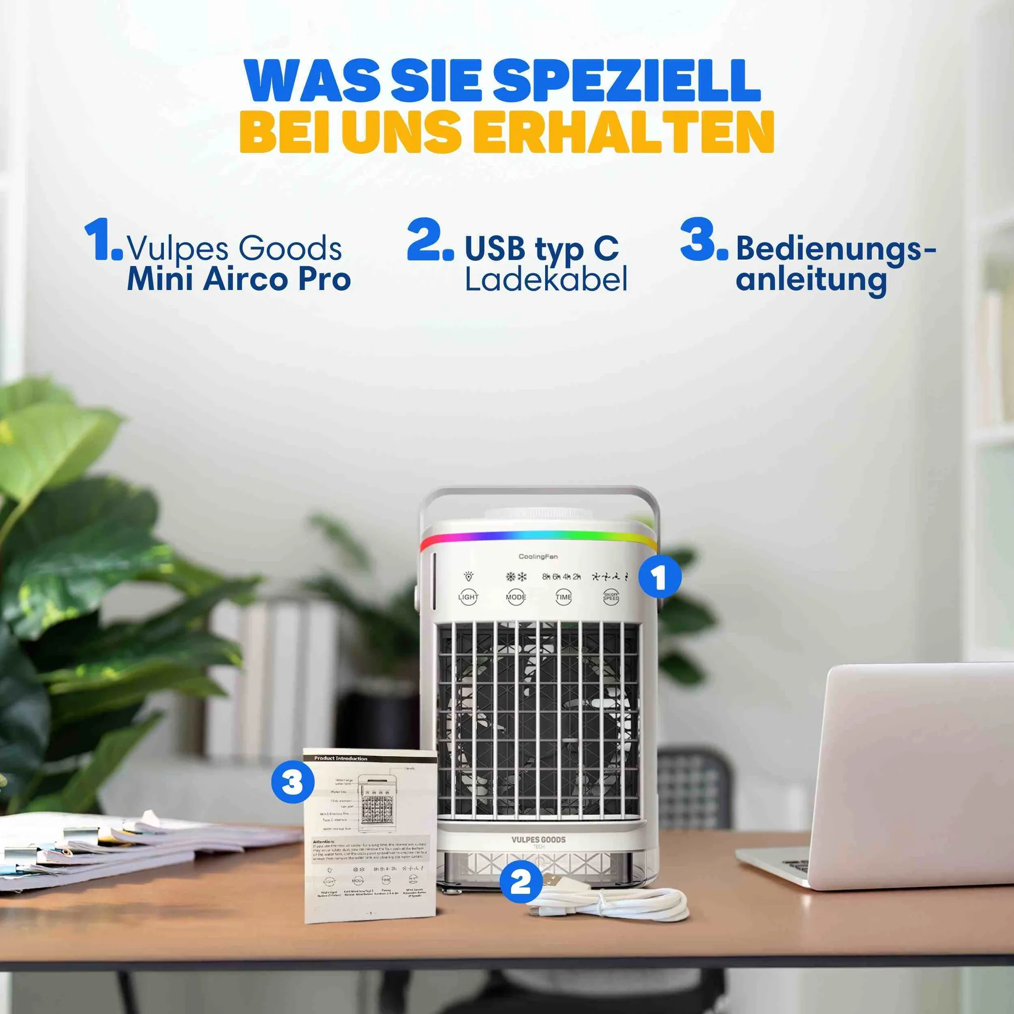 Paketinhalt: Mini-Klimaanlage, USB-C-Kabel und Anleitung auf einem Holztisch.