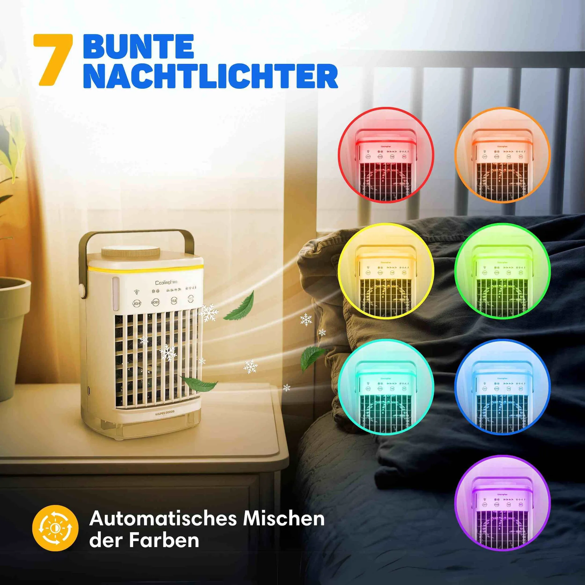 Ein tragbarer weißer Luftkühler auf einem Nachttisch bläst kalte Luft mit sieben bunten Nachtlichtoptionen.