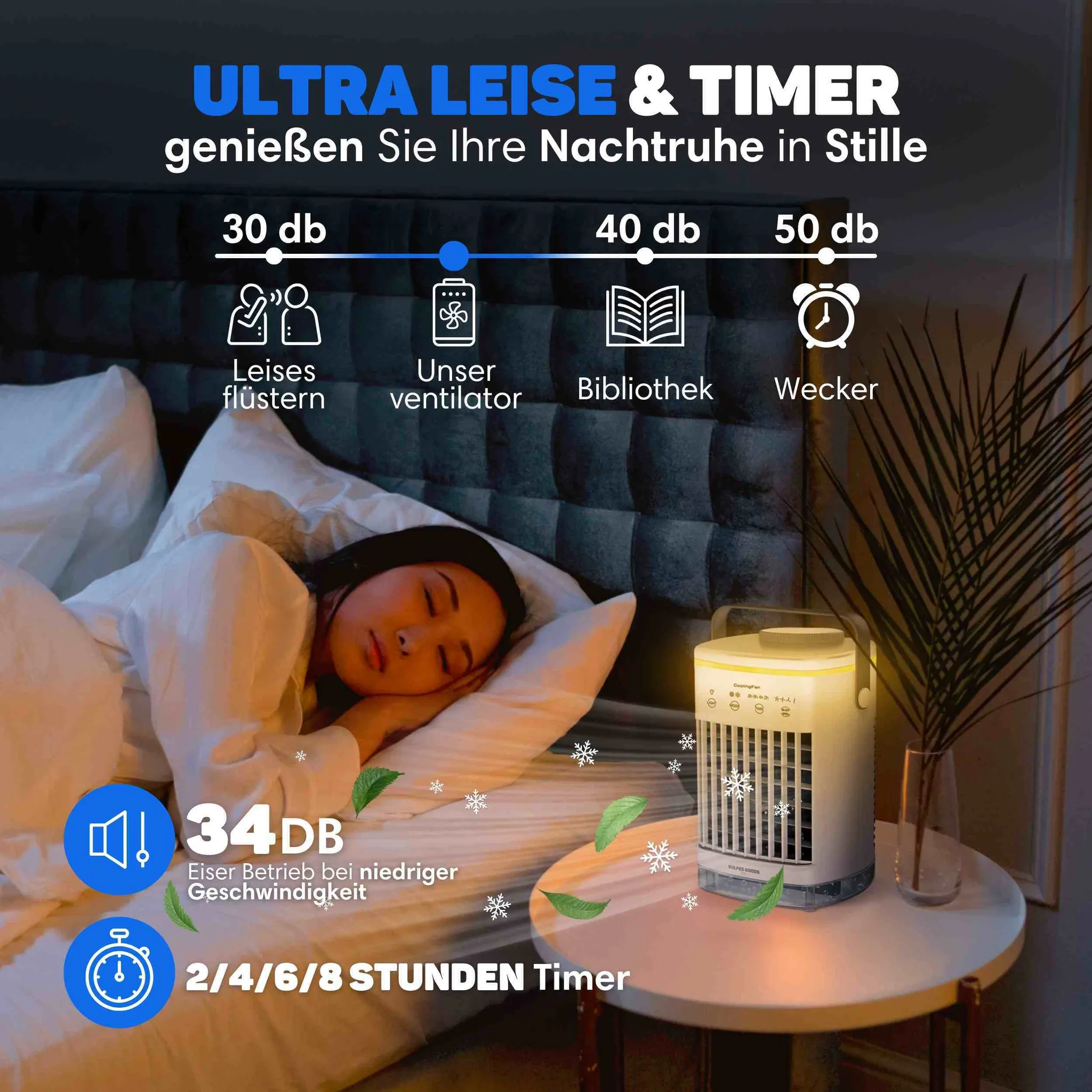 Eine Frau schläft friedlich in einem Bett, während ein leiser weißer Ventilator auf dem Nachttisch steht.