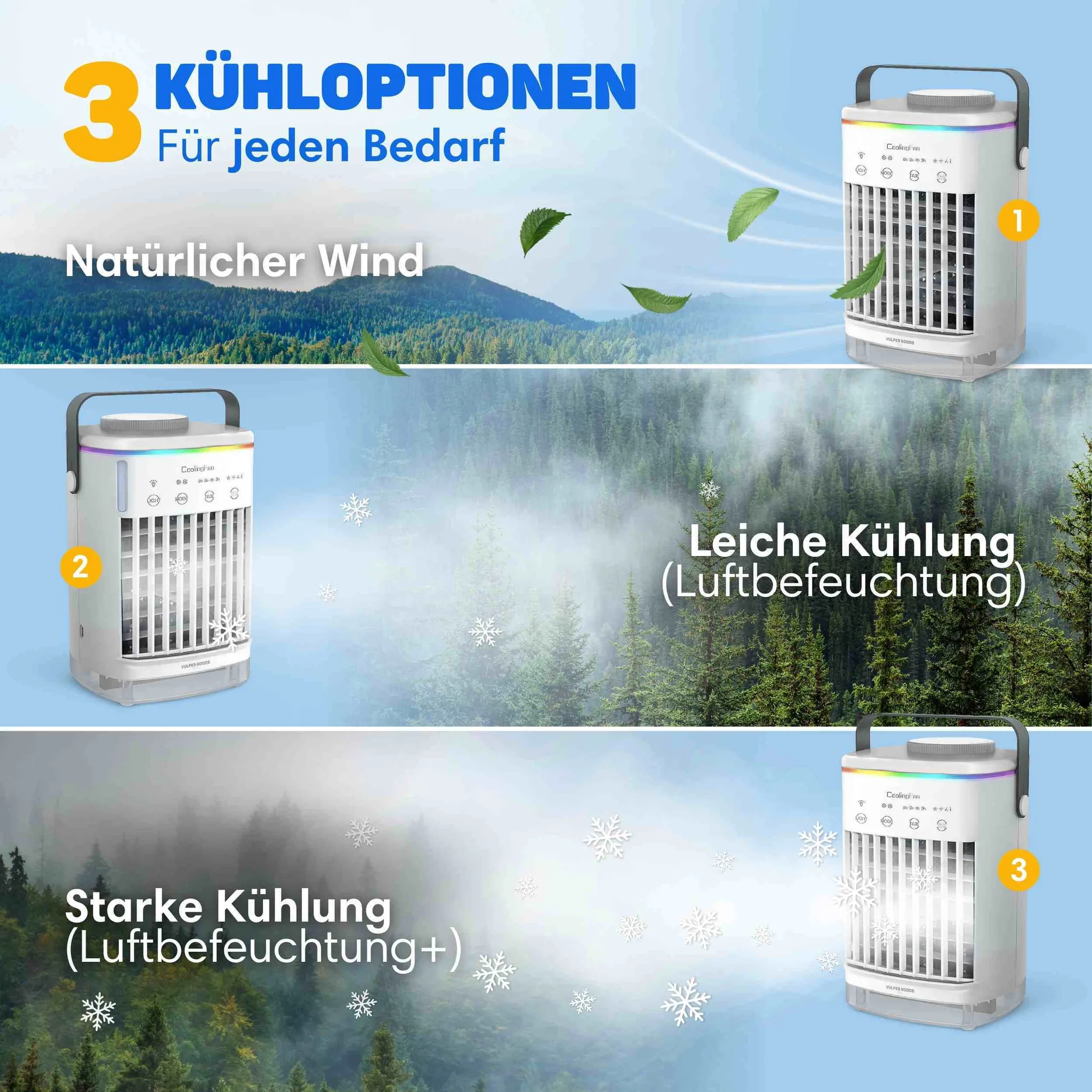 Drei Kühloptionen eines mobilen Luftk ühlers vor Naturkulissen mit Bergen und nebligen Wäldern.