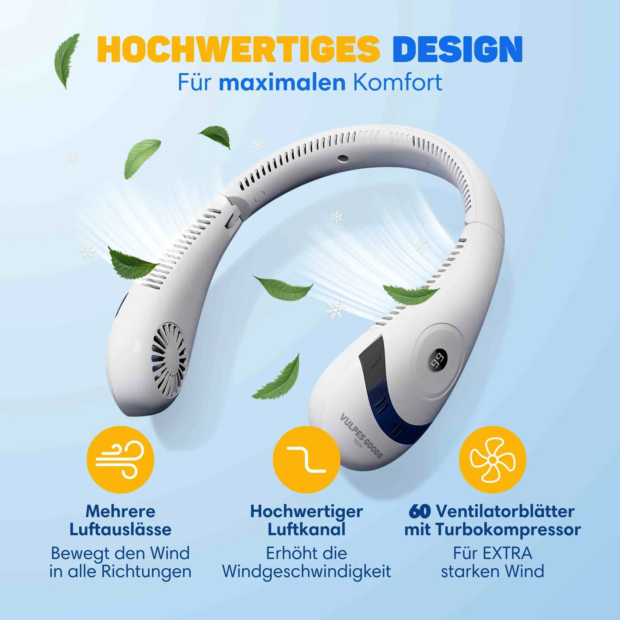 Weißer Nackenventilator vor blauem Hintergrund mit Text und schwebenden grünen Blättern.