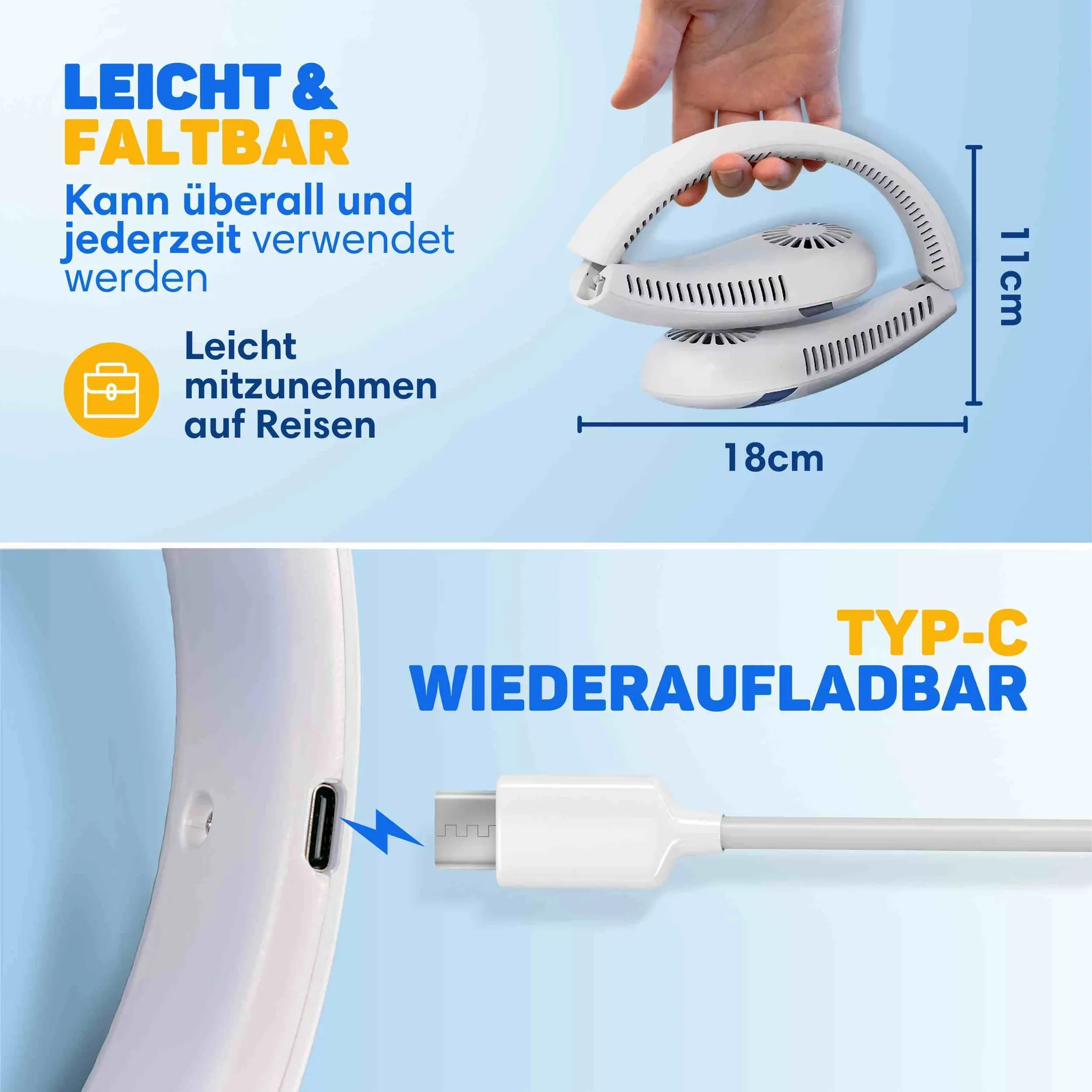 Ein weißer, faltbarer Nackenventilator mit USB-C Ladekabel und Maßangaben.