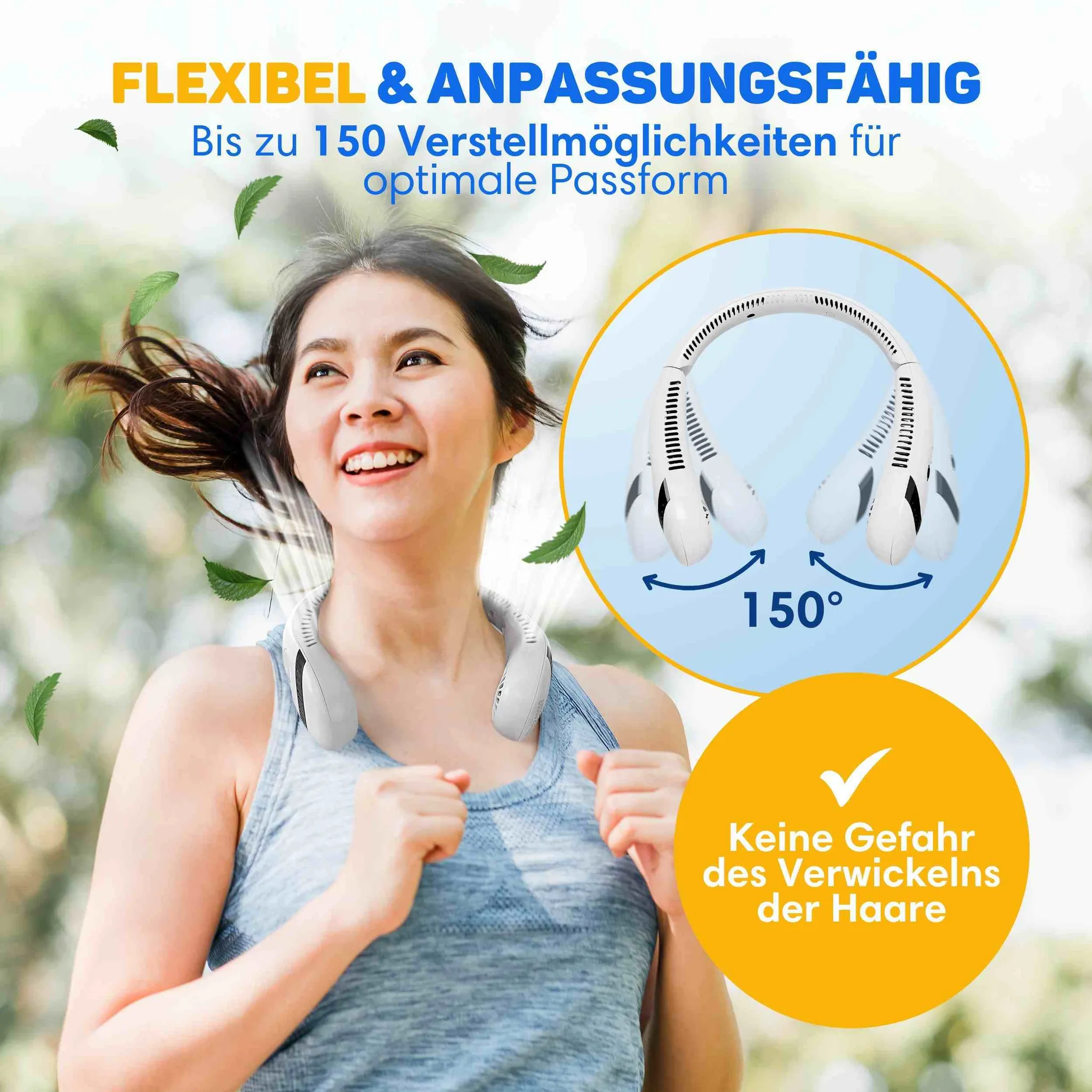 Eine Frau trägt einen flexiblen Halsventilator beim Sport, daneben Produkt- und Werbegrafiken.