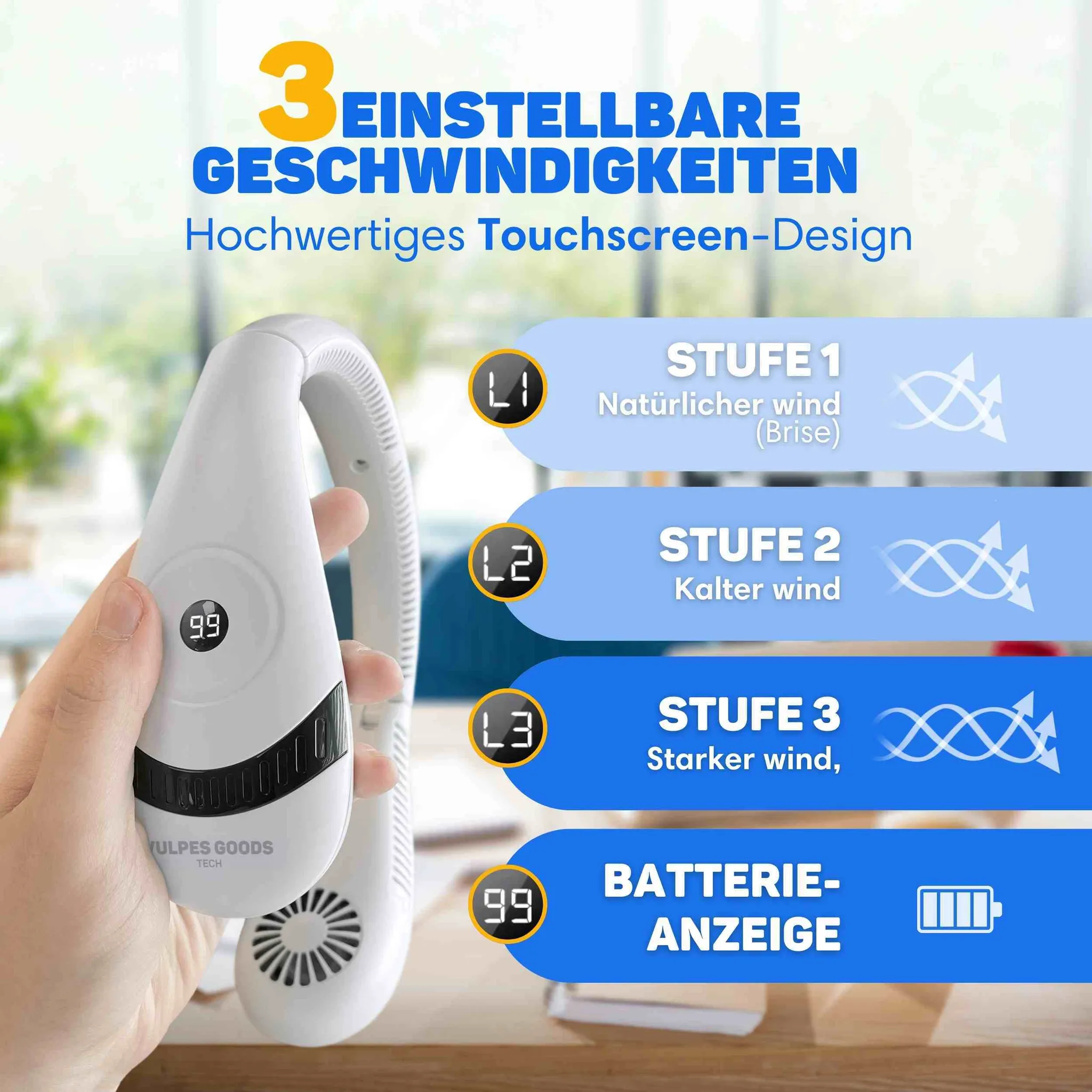 Hand hält einen weißen Nackenfventilator mit 3 Geschwindigkeiten und Akkuanzeige.