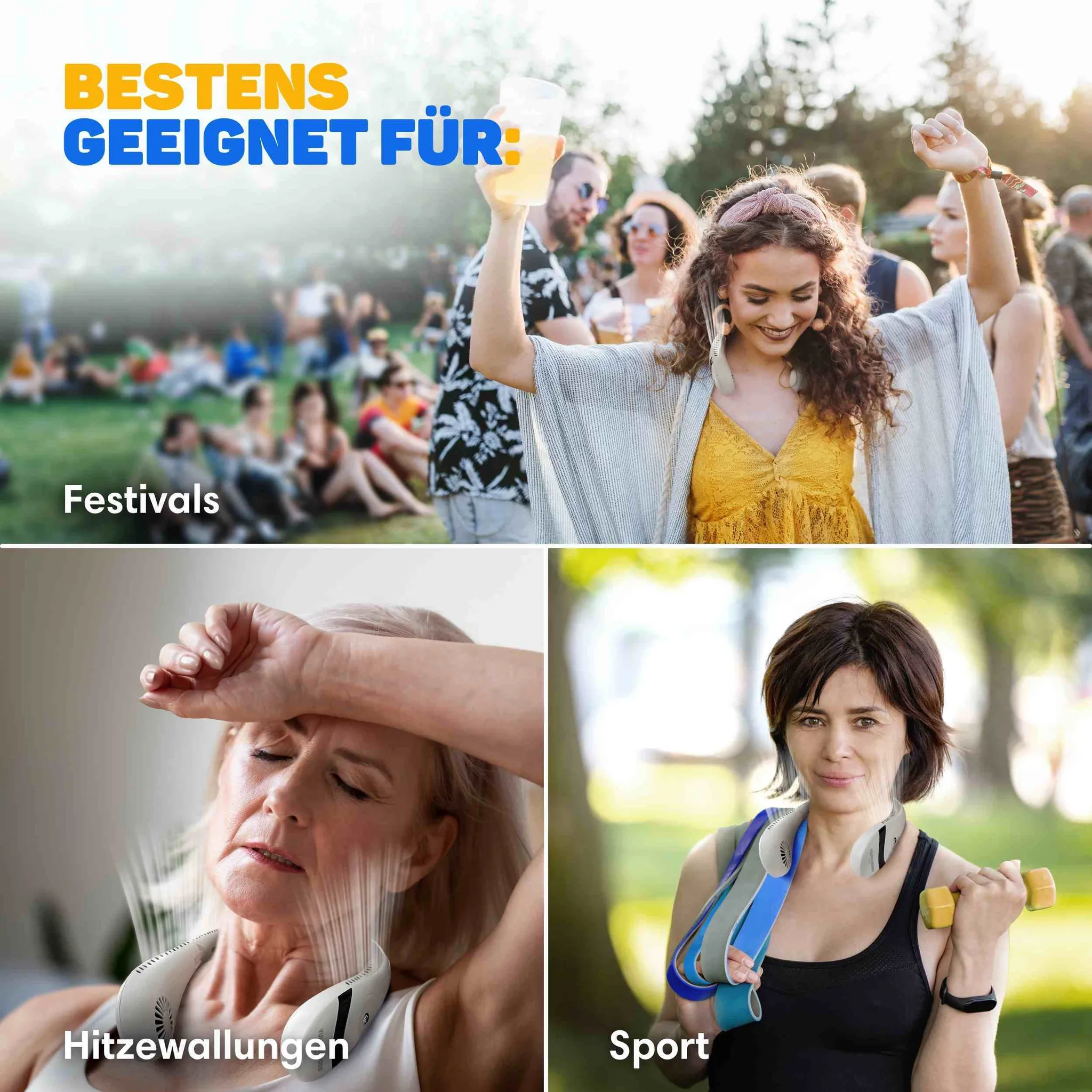 Eine Frau trägt einen Nackenventilator auf einem Festival, während zwei andere Frauen ihn bei Hitzewallungen und Sport nutzen.