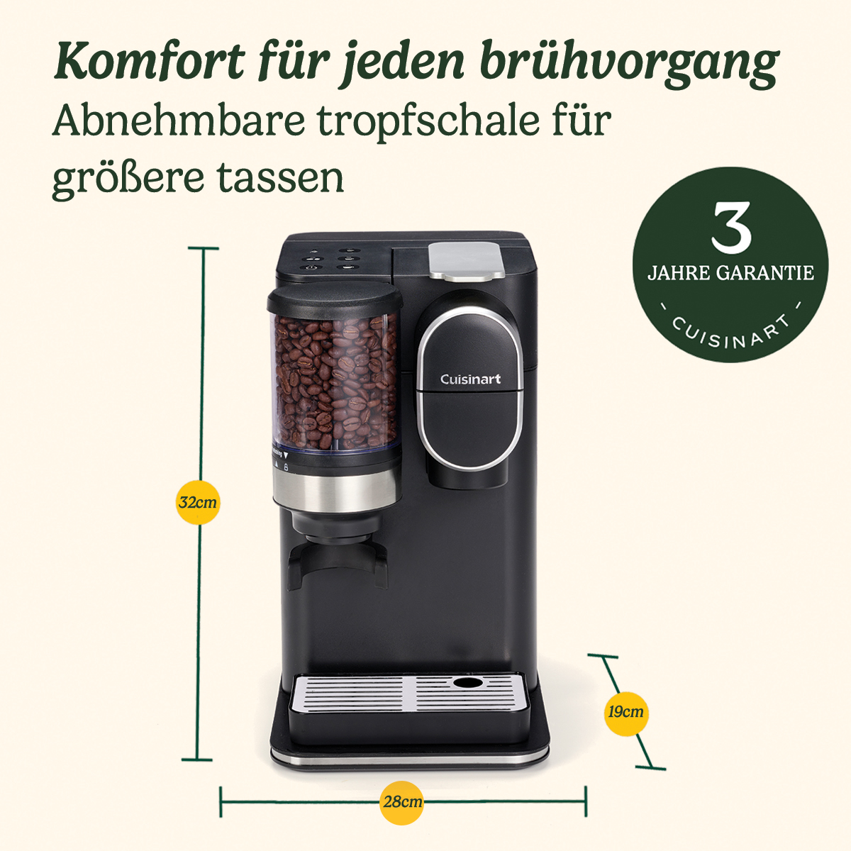 Macchina da caffè Cuisinart nera con contenitore di chicchi e dimensioni 32x28x19 cm su sfondo chiaro.