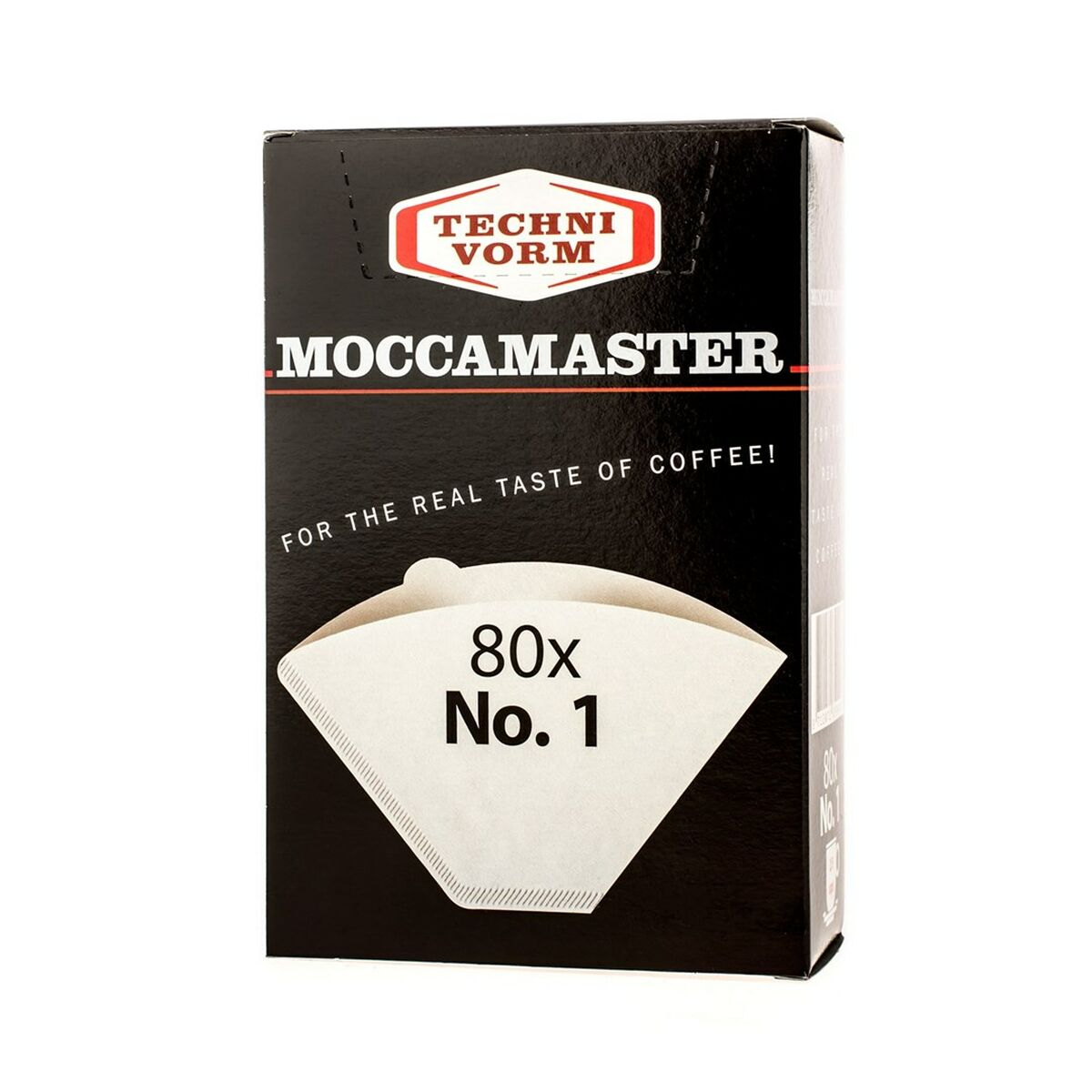 Una scatola nera di 80 filtri da caffè Moccamaster No. 1 su sfondo bianco.