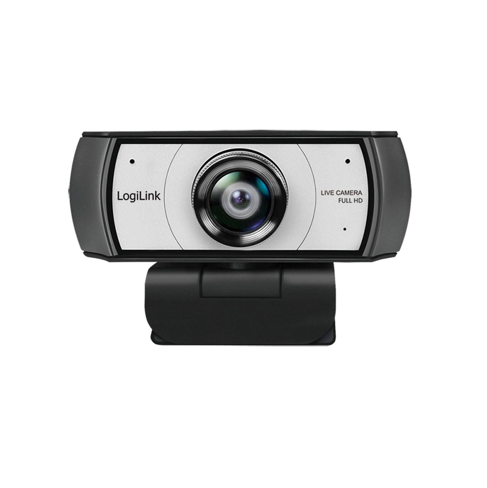 Una webcam LogiLink Full HD nera e argento con obiettivo centrale e supporto su sfondo bianco.