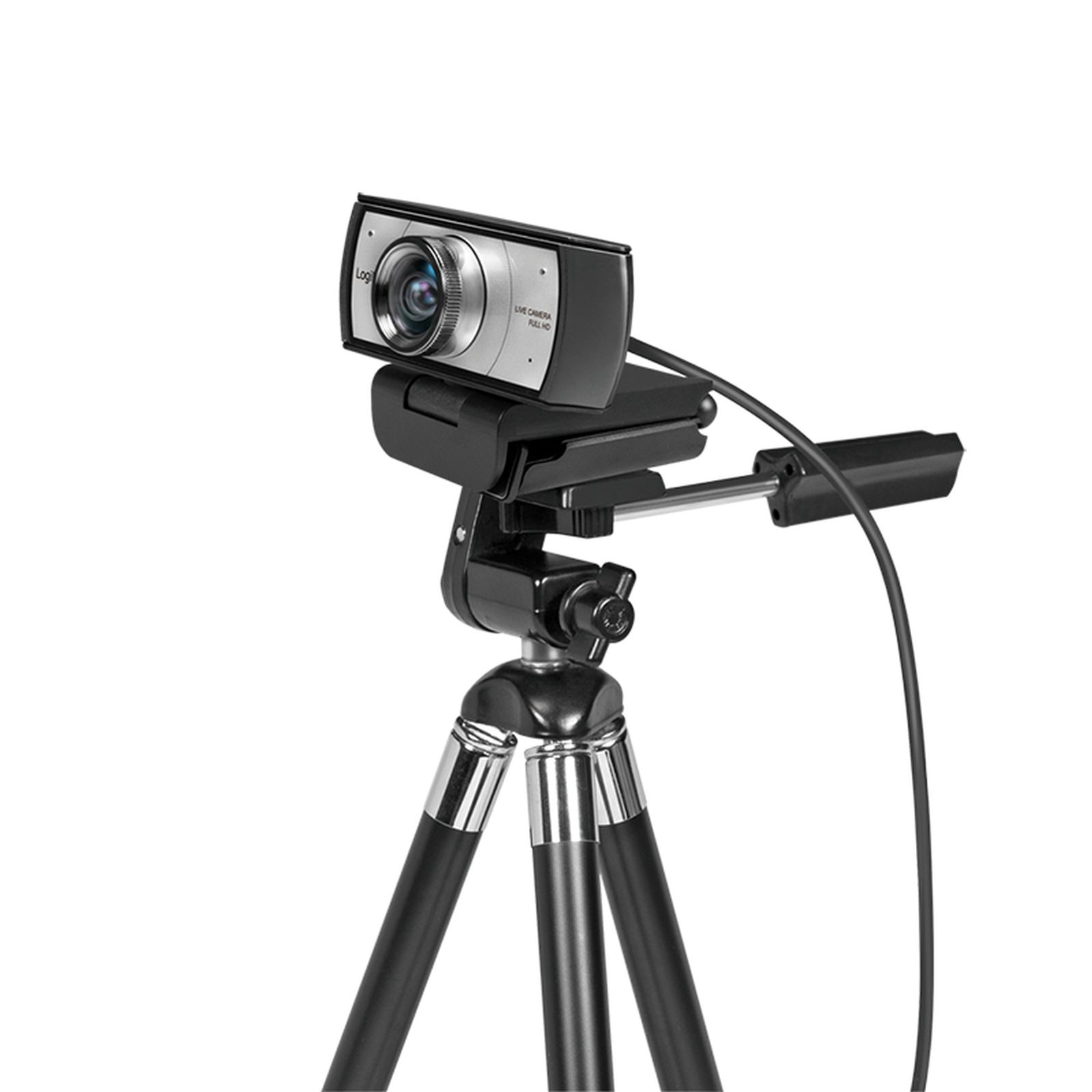 Una webcam nera e argento montata su un treppiede su sfondo bianco.