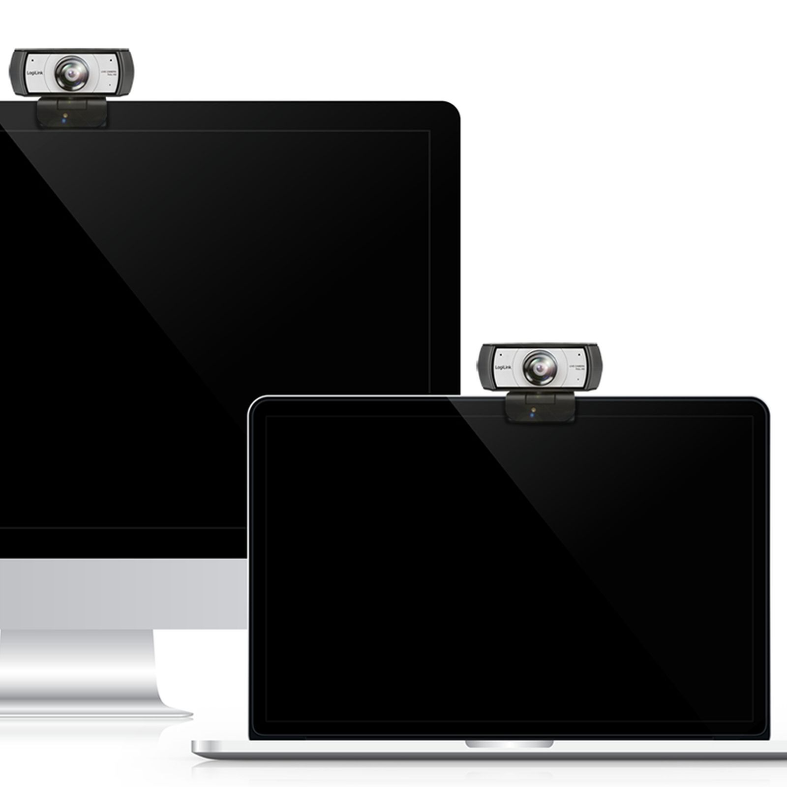 Due webcam sono montate sulla cornice superiore di un monitor desktop e di un computer portatile.