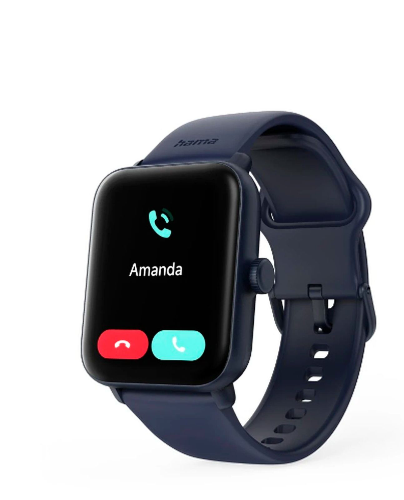 Eine dunkelblaue Smartwatch mit einem eingehenden Anruf von Amanda auf dem Display vor weißem Hintergrund.