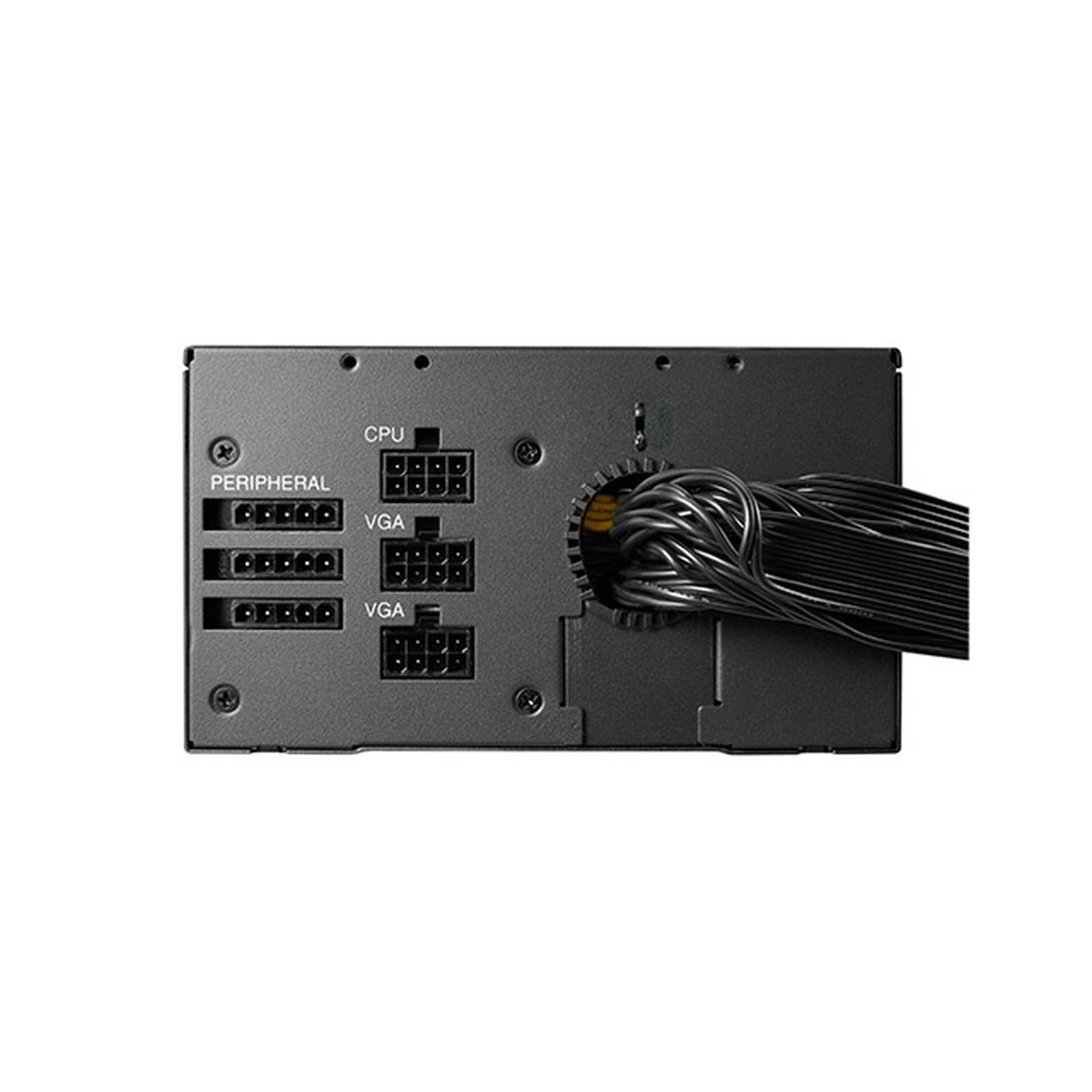 Rückseite eines schwarzen PC-Netzteils mit beschrifteten Anschlüssen und Kabeln.