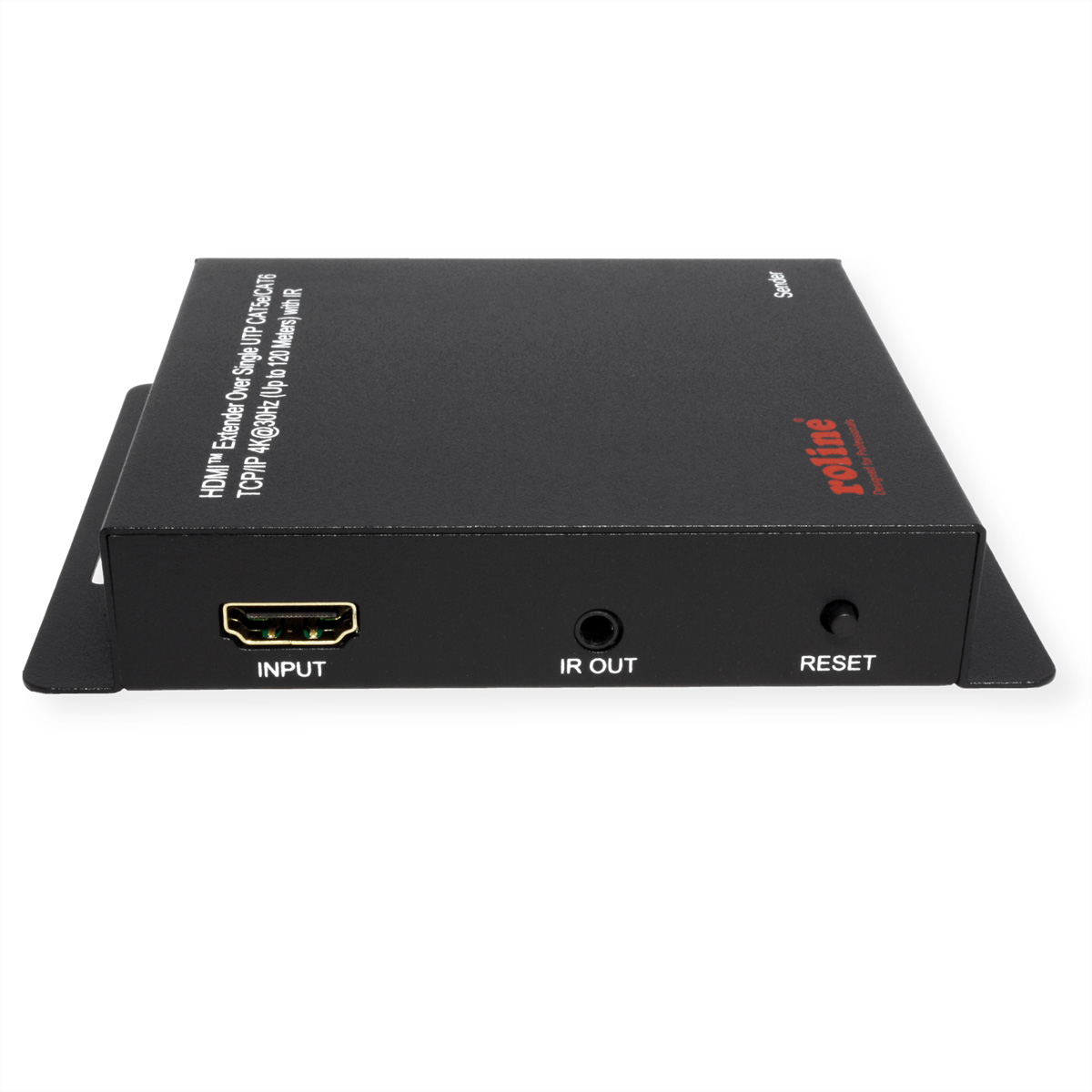 Schwarze HDMI-Extender-Senderbox mit Input-Anschluss, IR Out und Reset-Taste auf einer weißen Oberfläche.