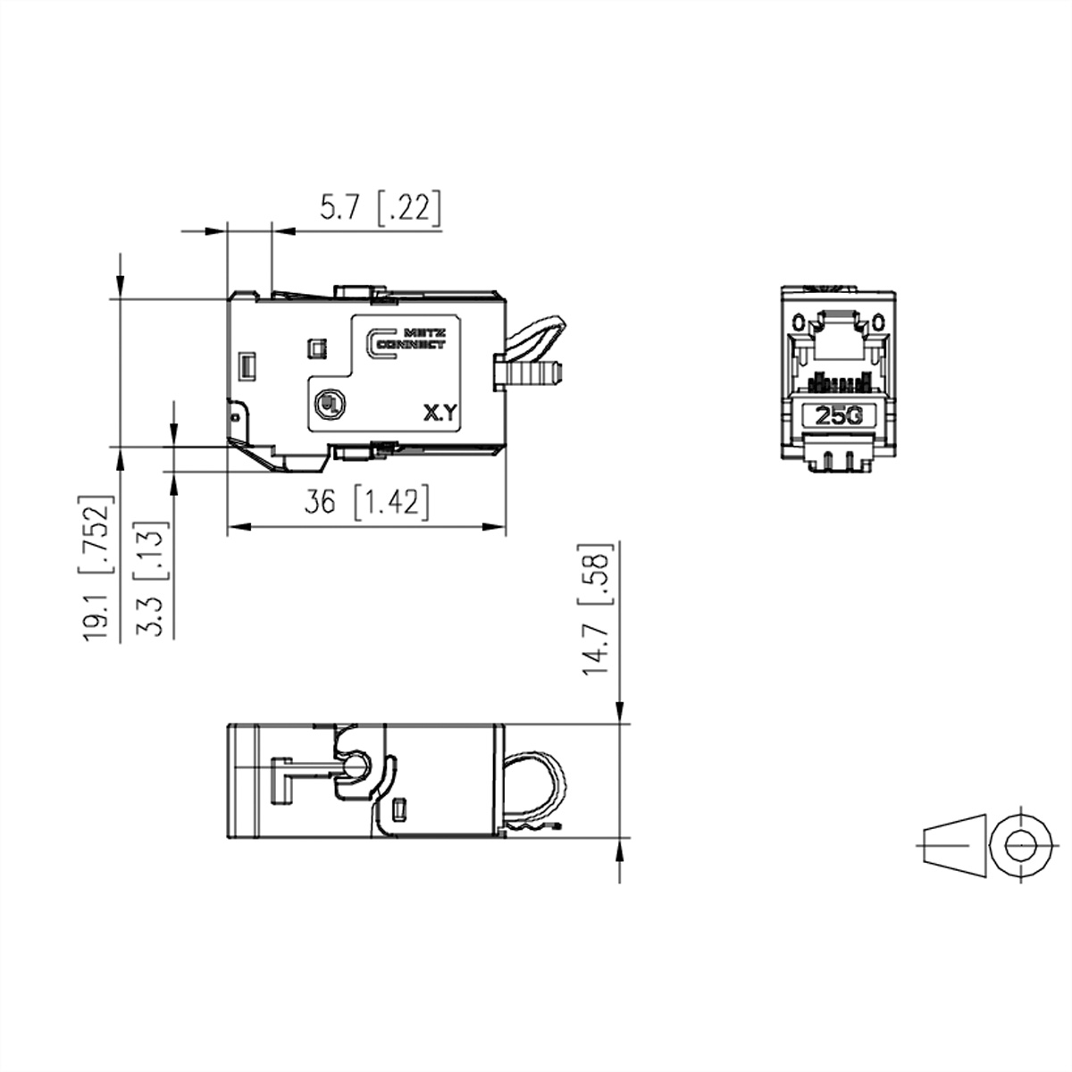 Technische Zeichnung eines elektronischen Bauteils mit verschiedenen Ansichten und Bemaßungen.