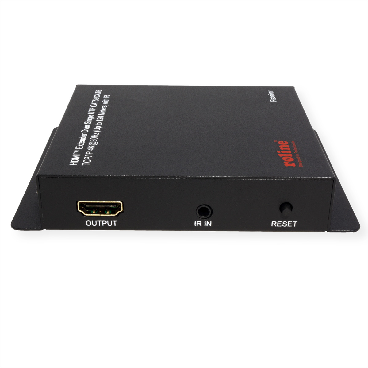 Eine schwarze Roline HDMI-Extender-Empfängerbox auf weißem Grund mit Ausgabe-, IR-In- und Reset-Anschlüssen.