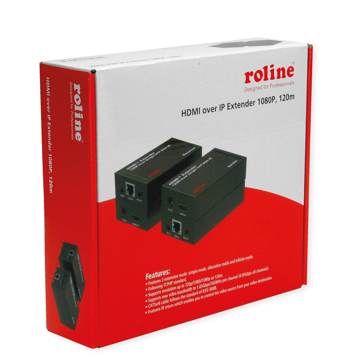 Produktverpackung für Roline HDMI over IP Extender 1080P, 120m mit rotem und weißem Design.