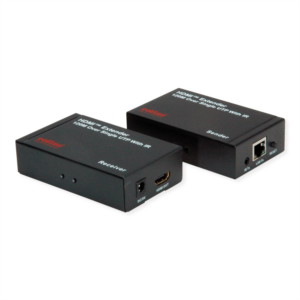 Zwei schwarze HDMI-Extender-Boxen, Sender und Empfänger, auf weißem Hintergrund.