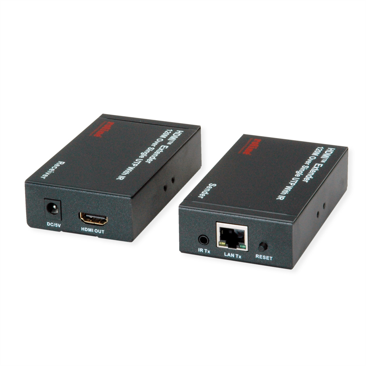 Zwei schwarze HDMI-Extender-Boxen, Sender und Empfänger, auf weißem Hintergrund.