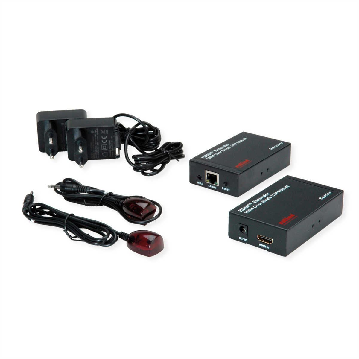 HDMI-Extender-Set mit Sender, Empfänger, zwei Netzteilen und zwei Infrarotkabeln auf weißem Hintergrund.