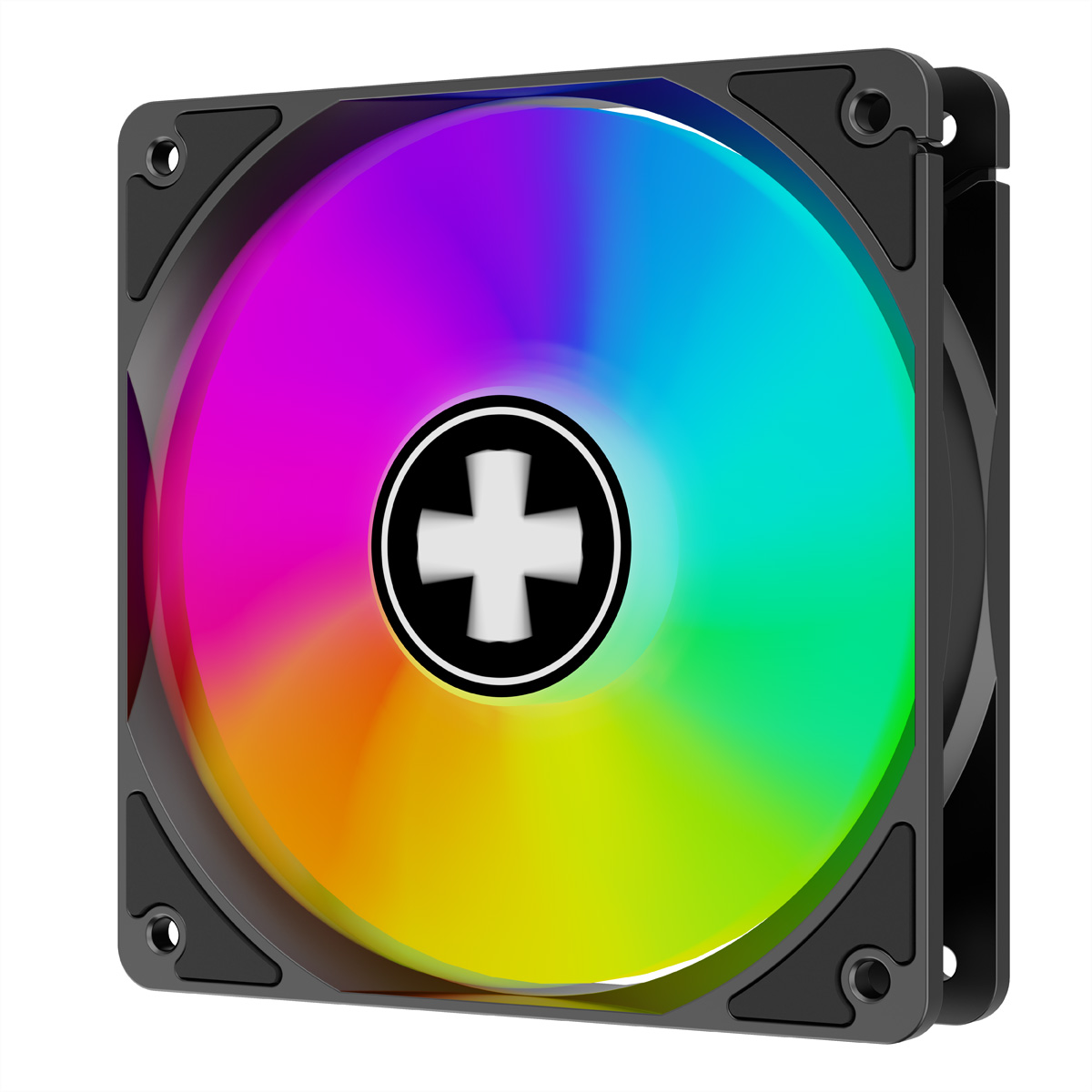 Un ventilateur de PC carré doté d'un éclairage RGB vif et d'un logo en croix blanche au centre sur fond noir.