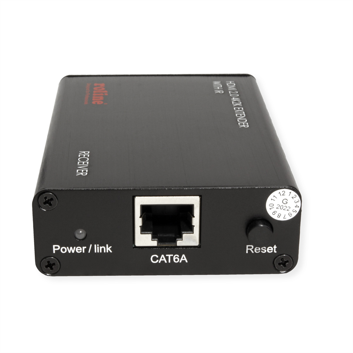 Schwarzes HDMI Extender Receiver Gerät mit CAT6A Anschluss, Reset-Knopf und Power-LED auf weißem Grund.