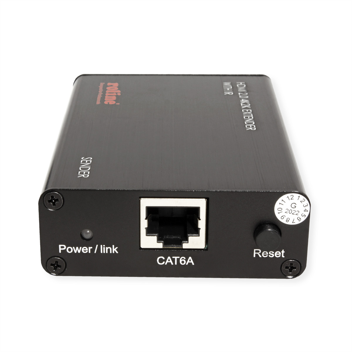 Schwarzes HDMI Extender Sender-Gerät mit CAT6A-Anschluss, Power/Link-Leuchte und Reset-Knopf auf weißem Grund.