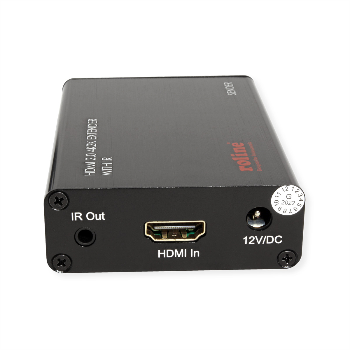 Schwarze HDMI Extender Box mit IR-Ausgang, HDMI-Eingang und 12V/DC-Anschluss.