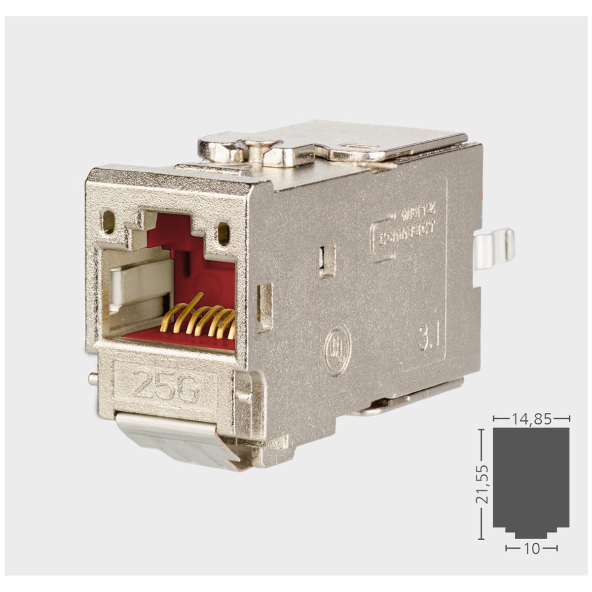 Ein metallisches Netzwerk-Buchsenmodul mit rotem Innenraum, Goldpins und einer Maßzeichnung in der unteren rechten Ecke.