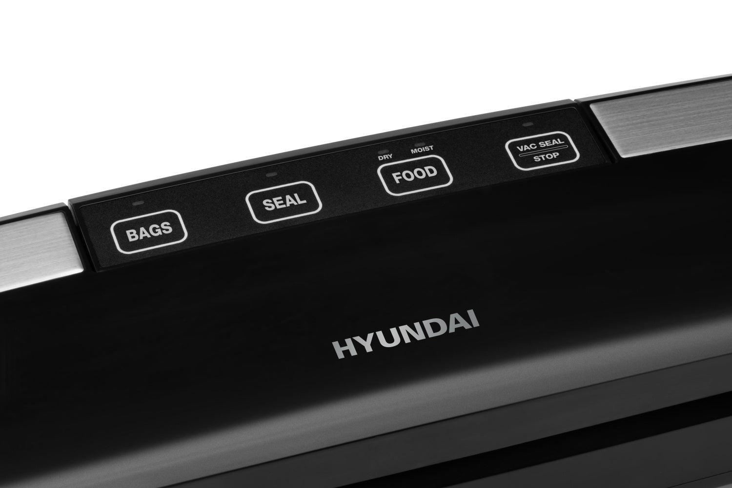Nahaufnahme eines schwarzen Hyundai-Vakuumierewagens mit Tasten für Beutel, Siegel, Lebensmittel und Vakuum.