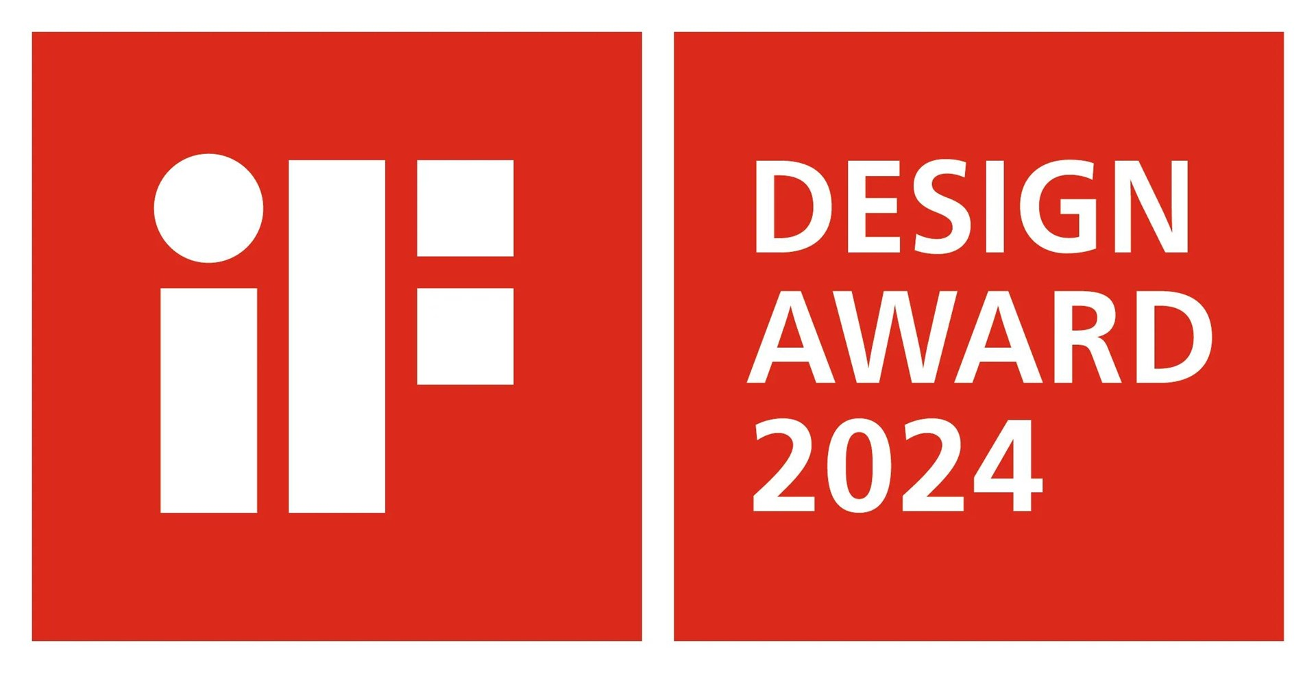 Rotes Quadrat mit weißem iF Logo und Text DESIGN AWARD 2024 daneben auf rotem Grund.
