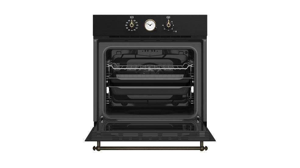 Un horno negro con la puerta abierta, rejillas metálicas y mandos analógicos.