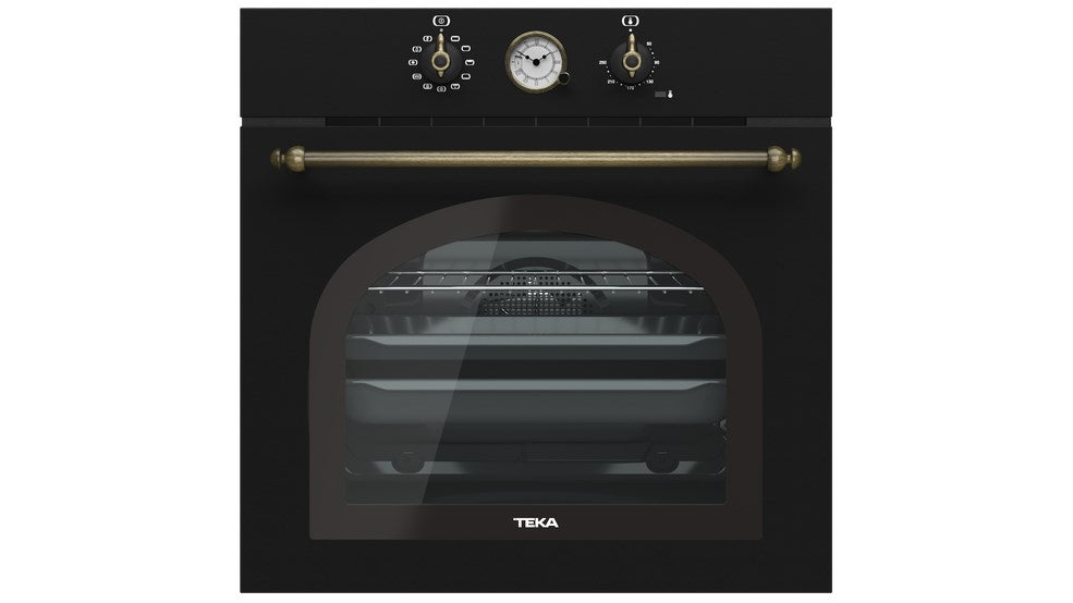 Horno negro de estilo retro con mandos dorados, una ventana redonda, un reloj en el centro y el logotipo de TEKA.