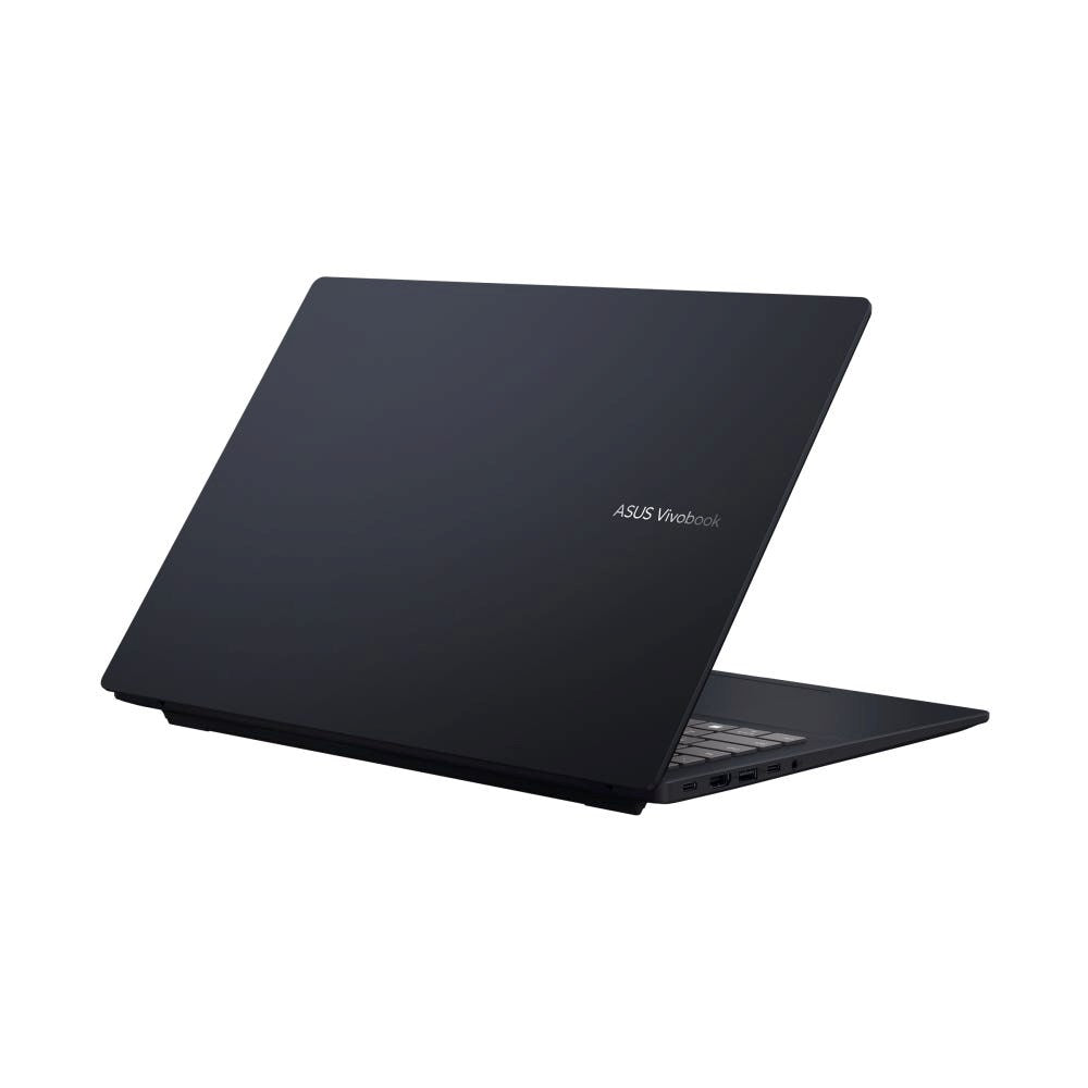 Czarny laptop ASUS Vivobook jest zamknięty na białym tle, z lekko otwartym przodem.