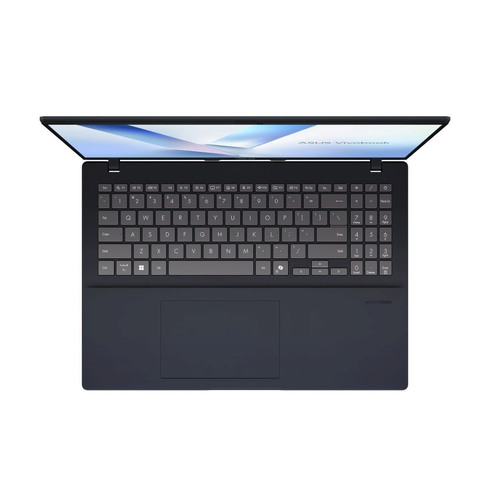 Widok z góry na otwarty ciemnoniebieski laptop z podświetlanym ekranem, pełną klawiaturą i dużym touchpadem.