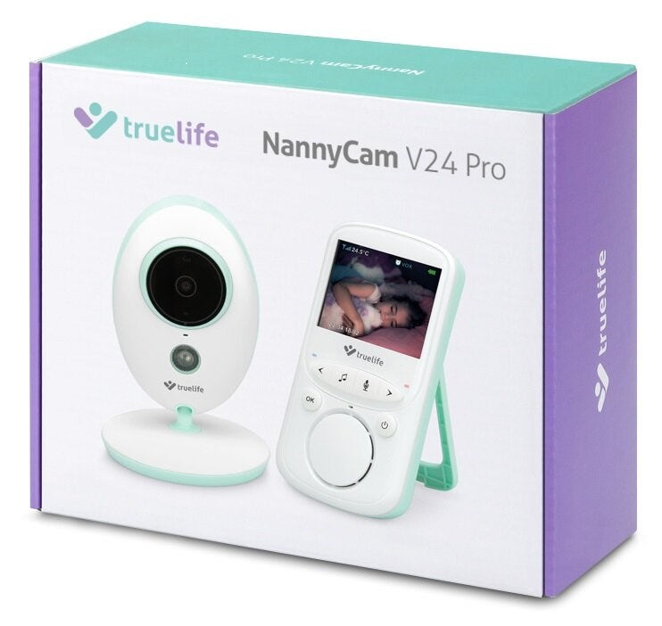 TrueLife NannyCam V24 Pro Box mit weißer Kamera und Elterneinheit auf weißem Hintergrund.