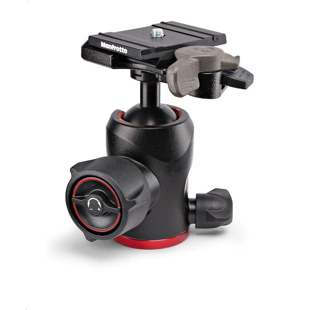 Un cabezal de bola para cámara Manfrotto negro con perillas de ajuste y zapata rápida sobre fondo blanco.