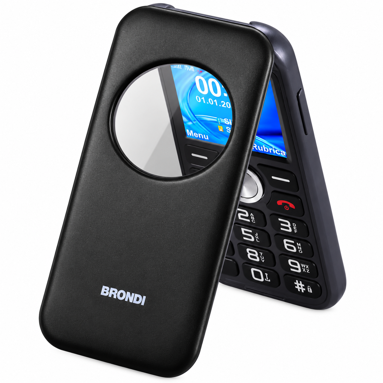 Un cellulare a conchiglia nero Brondi con tastiera grande e finestra display sulla cover.