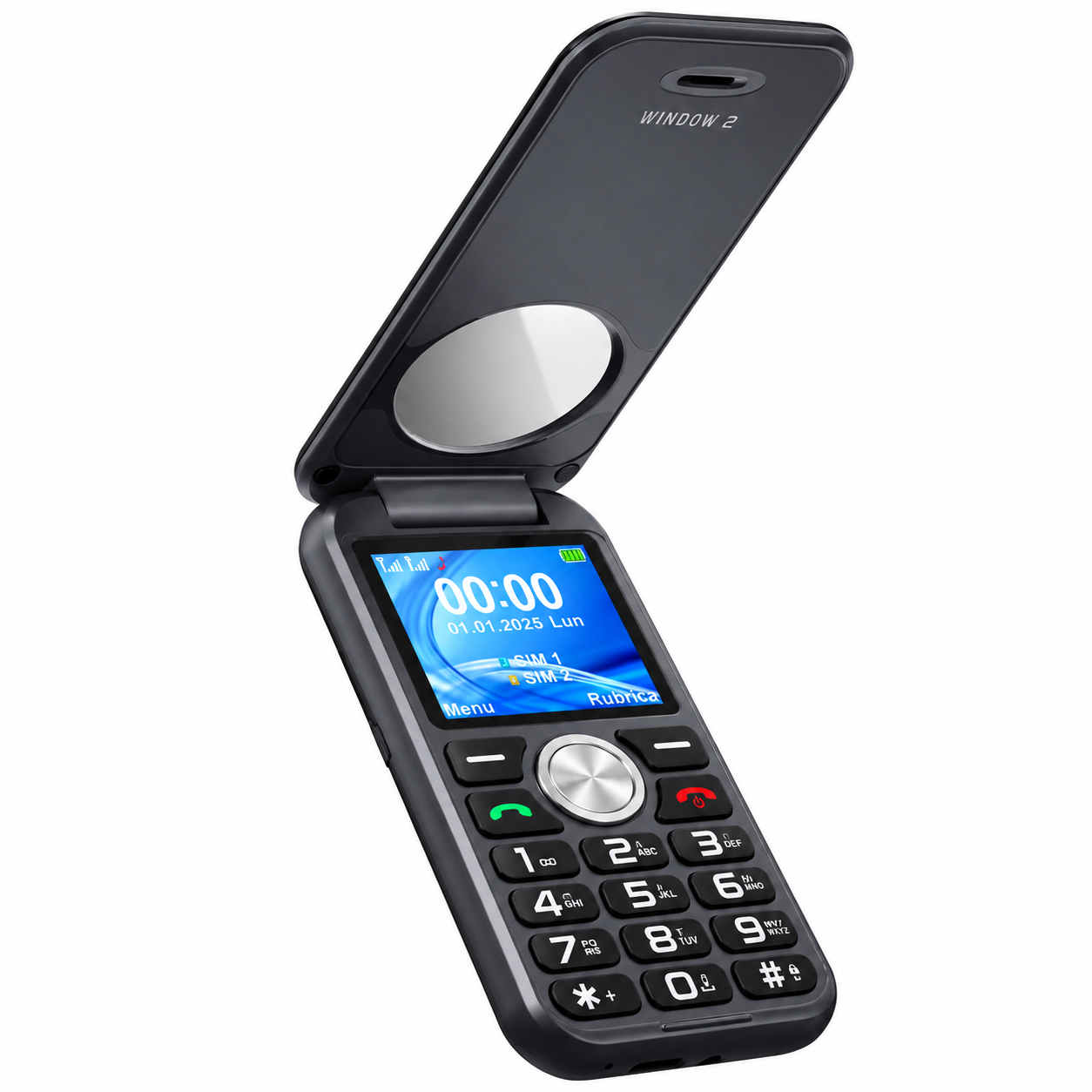 Un telefono a conchiglia nero aperto con tastiera grande e schermo blu su sfondo bianco.