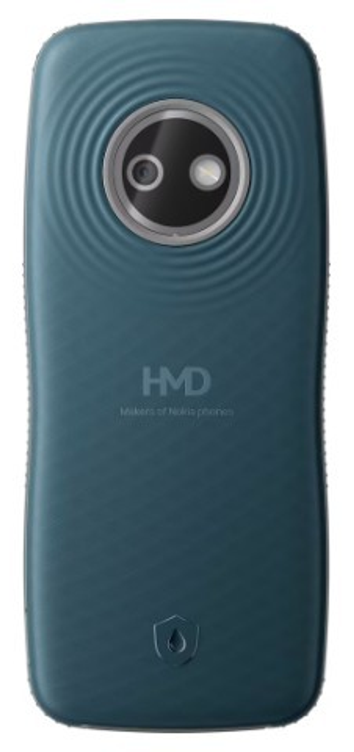 La parte trasera azul de un smartphone con cámara circular, logotipo de HMD y un icono de gota de agua.