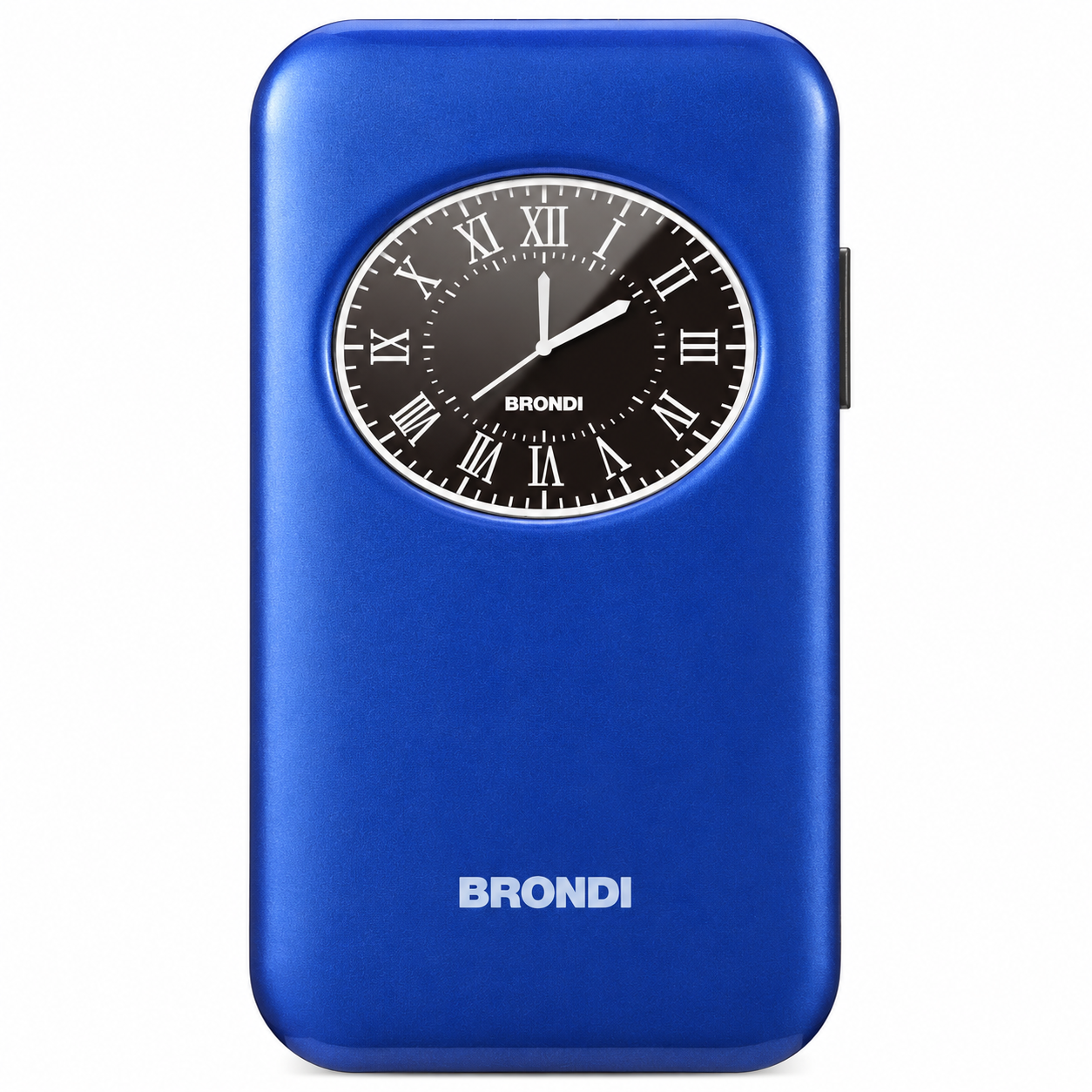 Un cellulare Brondi blu con quadrante rotondo e numeri romani sulla parte anteriore.