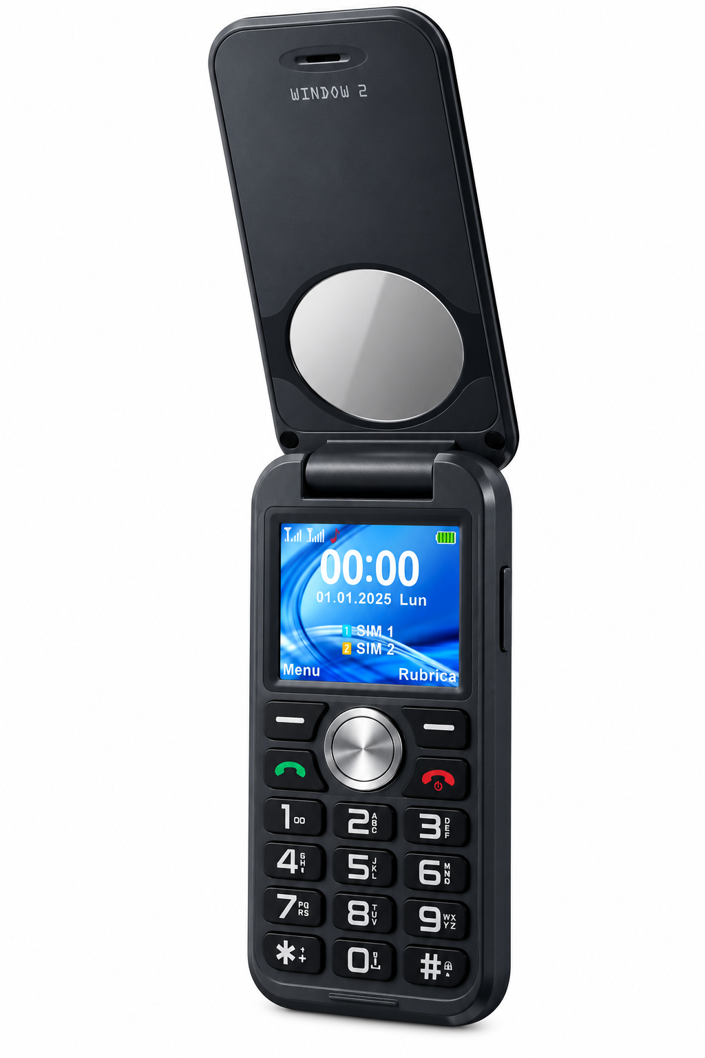 Un telefono cellulare a conchiglia nero è aperto, con schermo blu, data, ora e tastiera numerica grande.