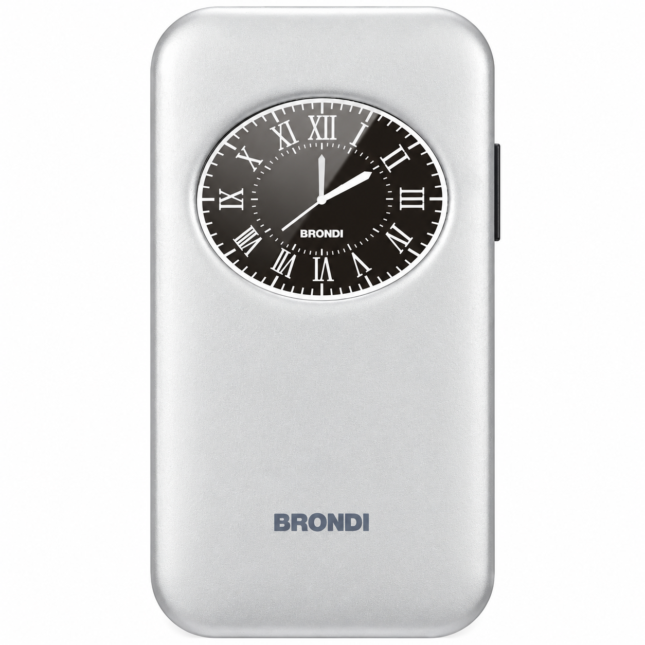 Un telefono cellulare Brondi argentato con un quadrante analogico rotondo con numeri romani sulla parte anteriore.