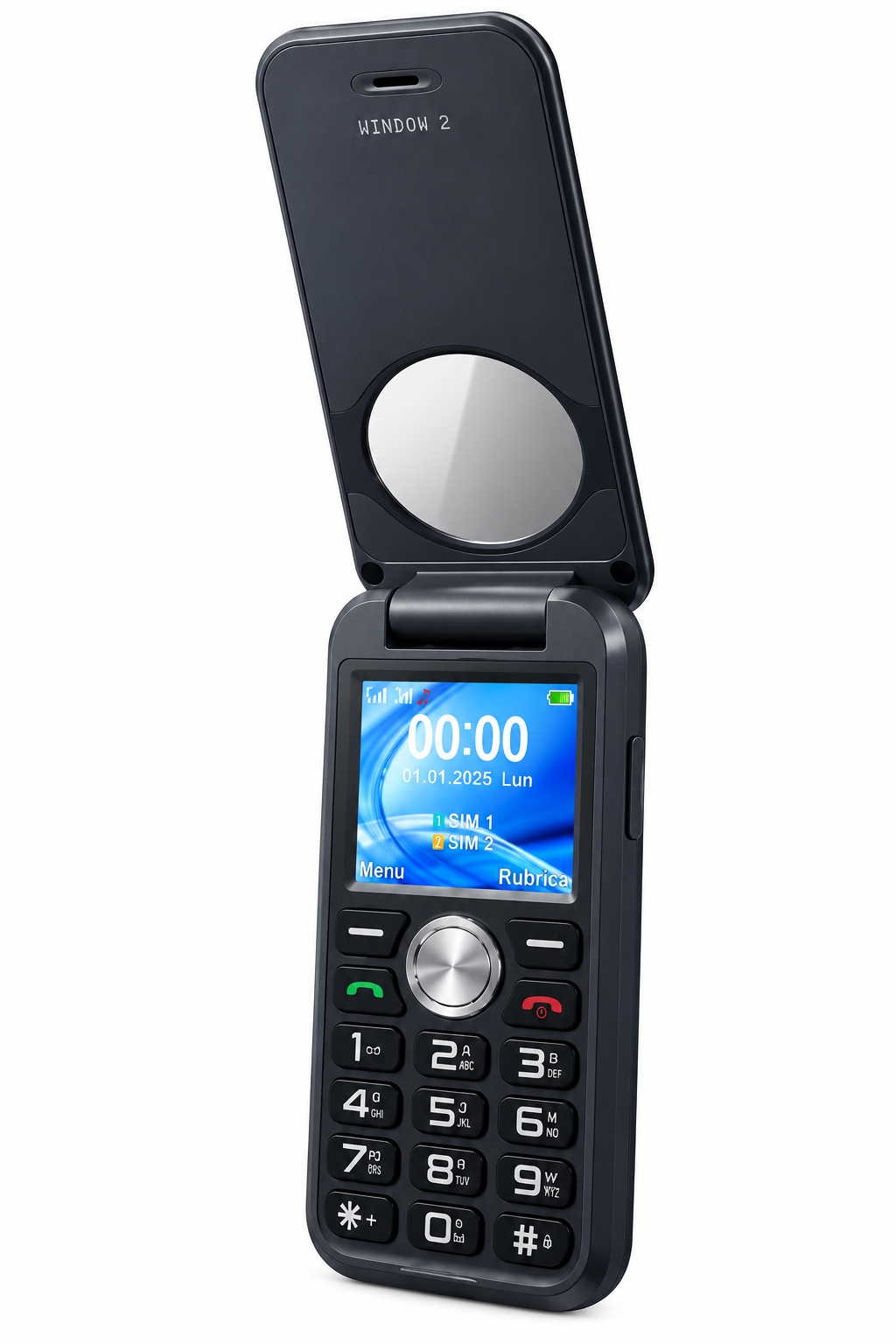 Un telefono cellulare a conchiglia nero aperto, con schermo blu, ora, data e una grande tastiera numerica bianca.