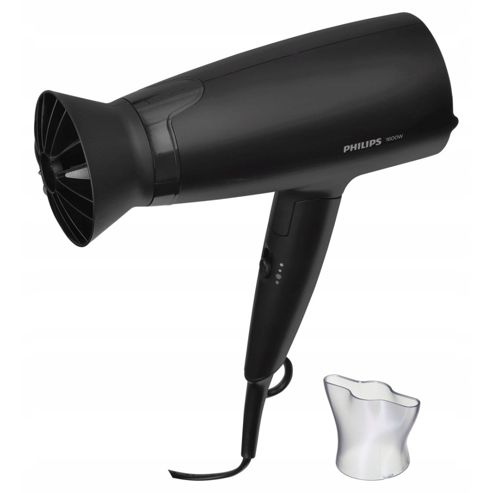 Czarna suszarka do włosów Philips 1600W z dwiema nasadkami na białym tle.