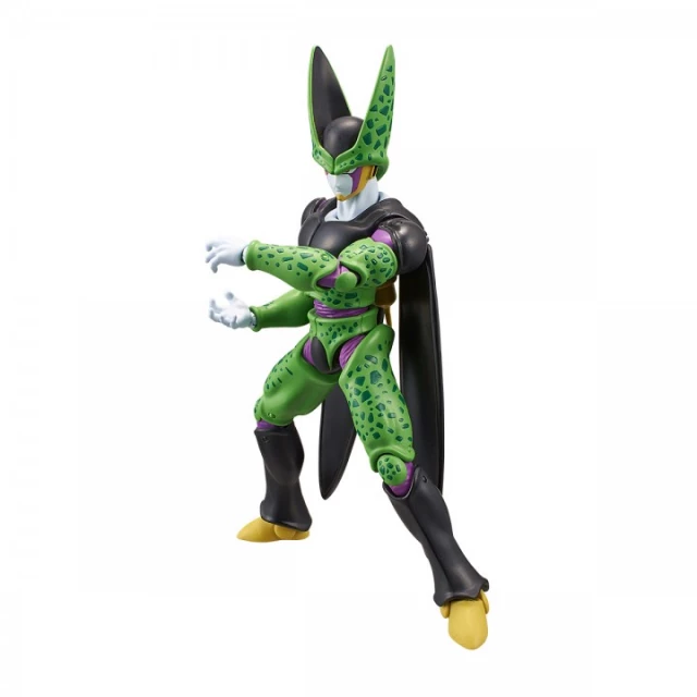 Figura de acción de Cell de Dragon Ball con armadura verde y negra, adoptando una pose de combate sobre fondo blanco.