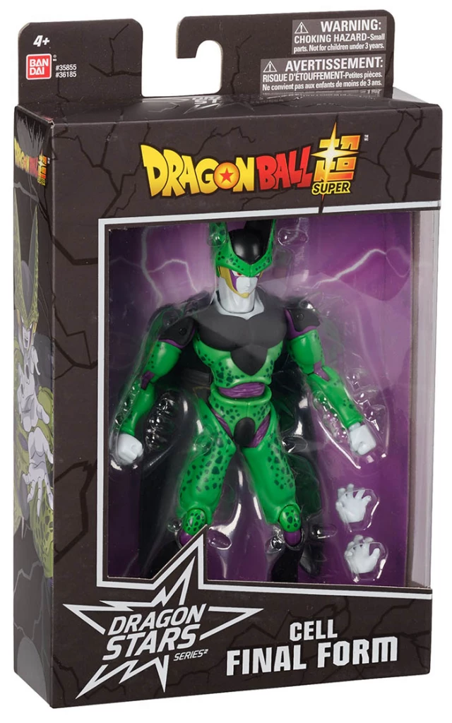 Figura de acción Dragon Ball Super Cell Final Form en su caja cerrada con manos adicionales.