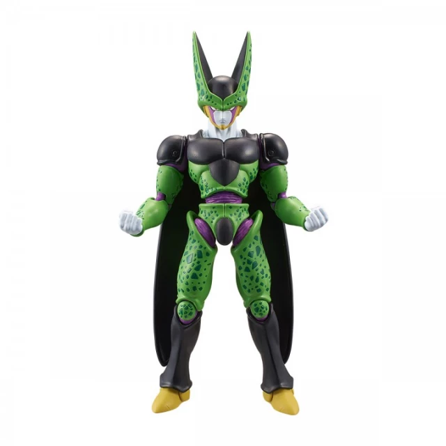 Una figura de acción de Cell de Dragon Ball Z verde y negra sobre fondo blanco.