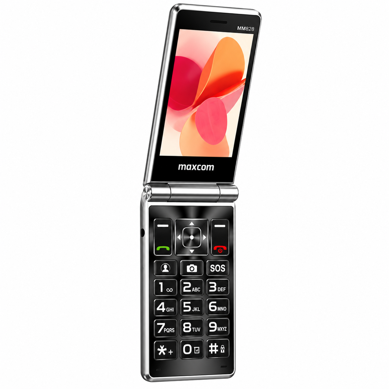 Srebrno-czarny telefon klapkowy Maxcom z kolorowym wyświetlaczem i dużą klawiaturą.