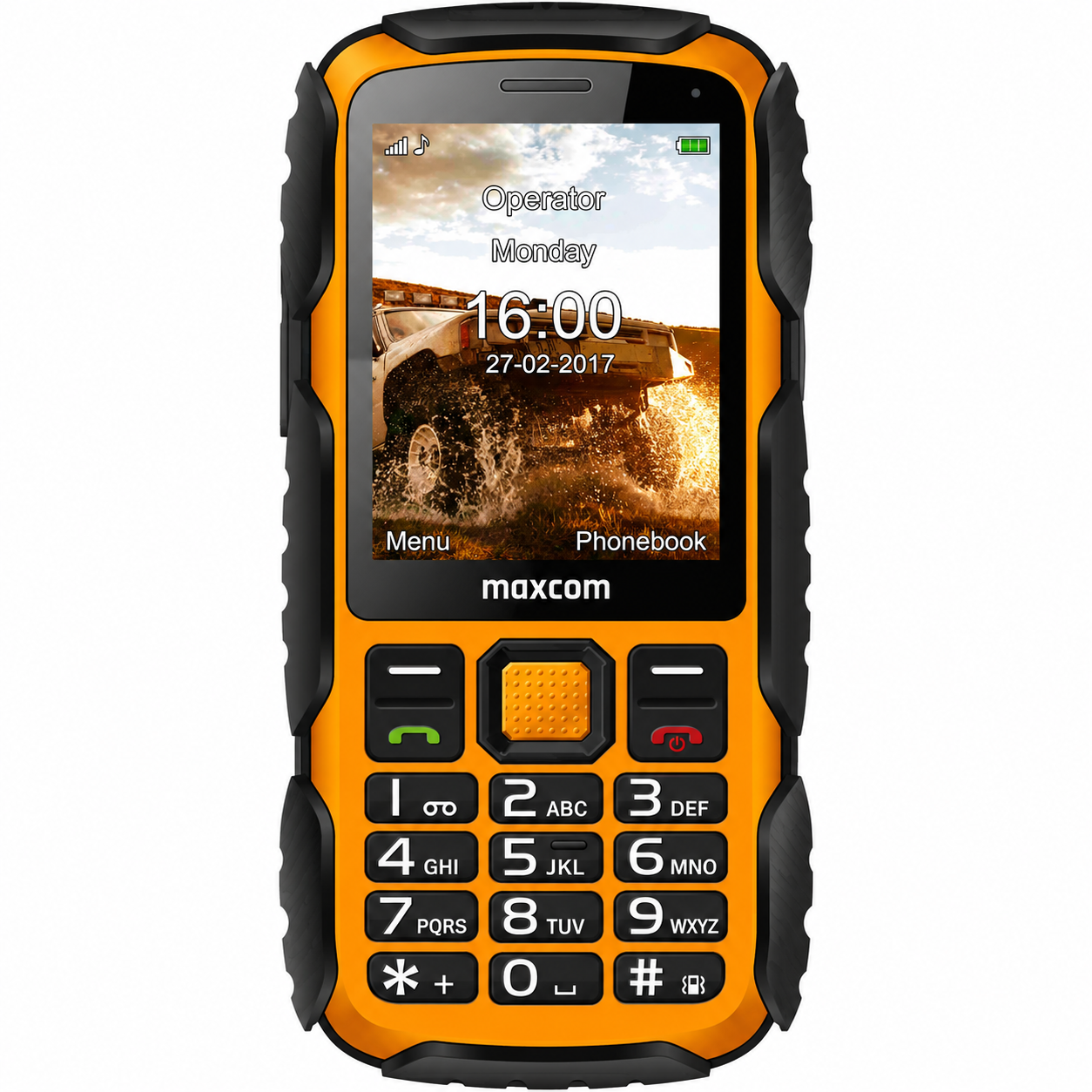 Wytrzymały pomarańczowo-czarny telefon Maxcom z ekranem przedstawiającym terenówkę.