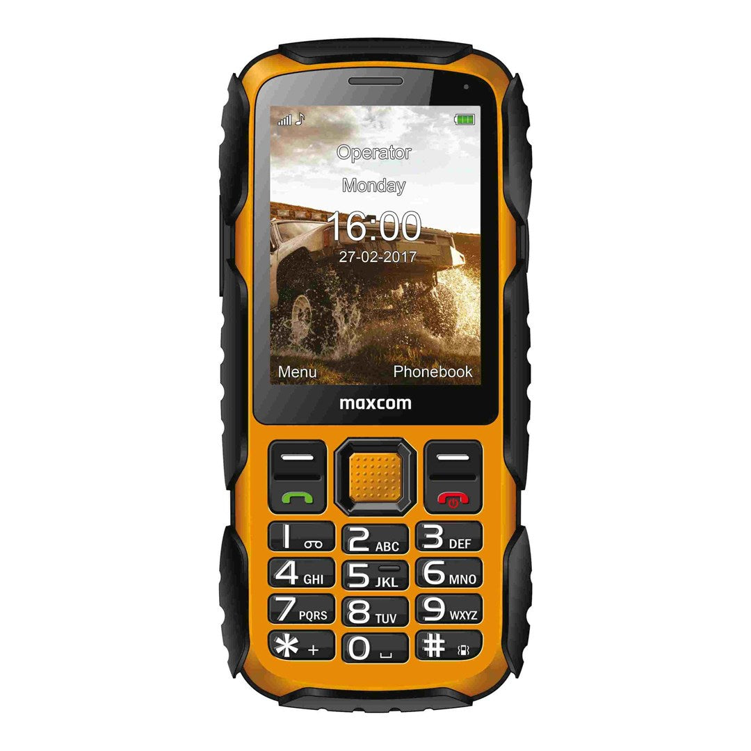 Wytrzymały pomarańczowy telefon z czarną ramką ochronną i ekranem przedstawiającym terenówkę.